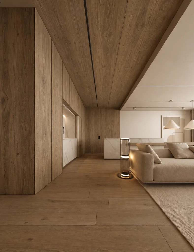 Wood grain flexible stone applied to walls and ceiling in a warm modern living room and kitchen interior
