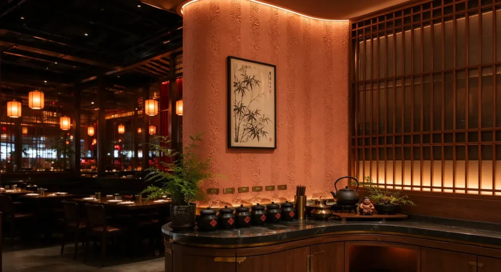 MCM flexible stone veneer curved wall for Chinese restaurant reception counter, warm terracotta textured interior cladding
