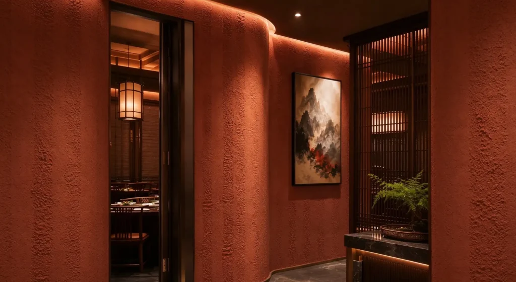 MCM flexible stone veneer curved cladding wall in restaurant corridor, textured terracotta interior wall panel for hospitality fit-out