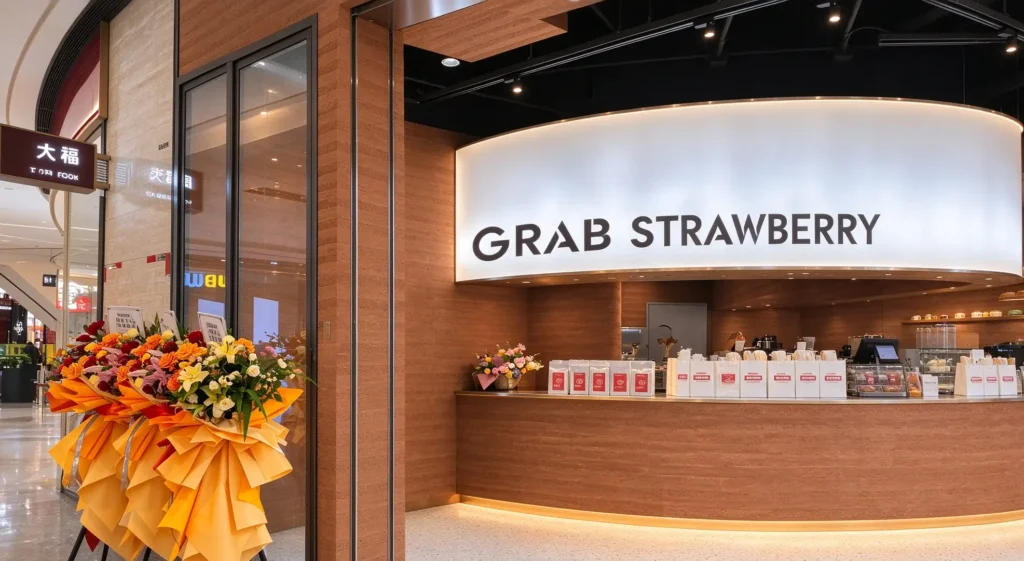MCM flexible stone veneer with rammed earth texture for Grab Strawberry dessert shop, textured feature wall cladding in modern retail storefront