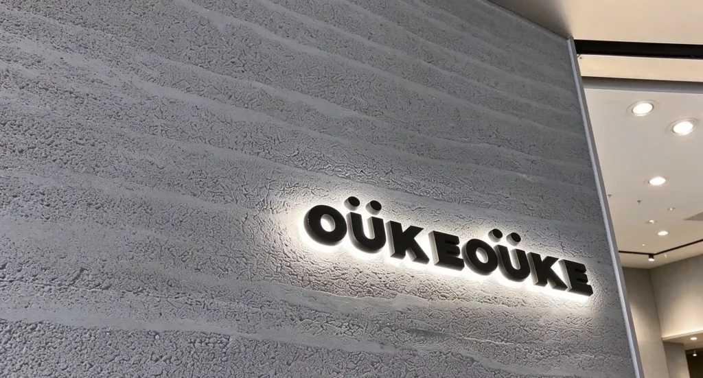 Close-up of grey rammed earth textured MCM flexible stone wall with illuminated OÜKEOÜKE brand signage, retail interior feature wall detail