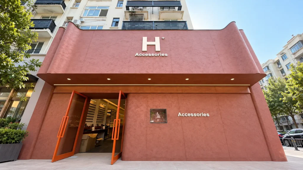 Terracotta-colored curved storefront facade with textured wall panels, rounded corners and an open entrance to an accessories shop.