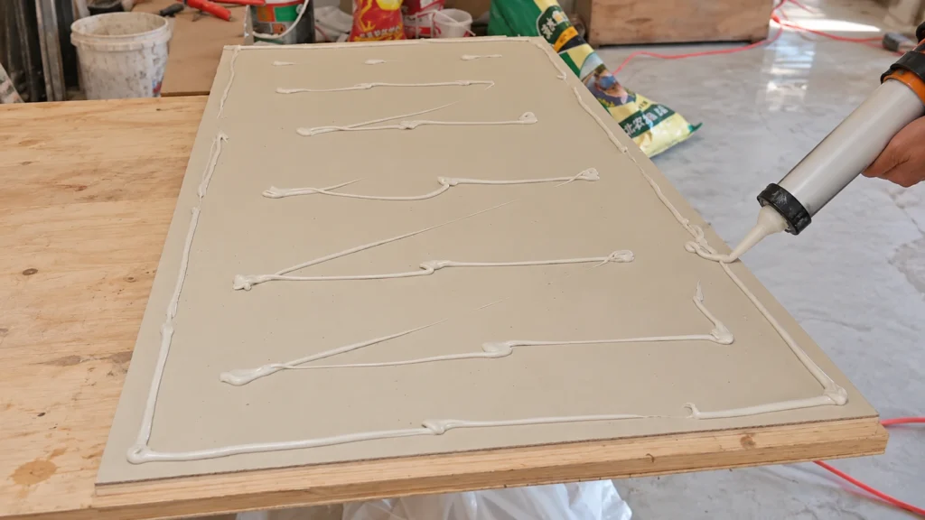 Applying adhesive to a flexible stone panel before interior wall installation