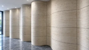 3D printed travertine flexible stone panels covering curved interior walls with rounded corners and aligned joints.