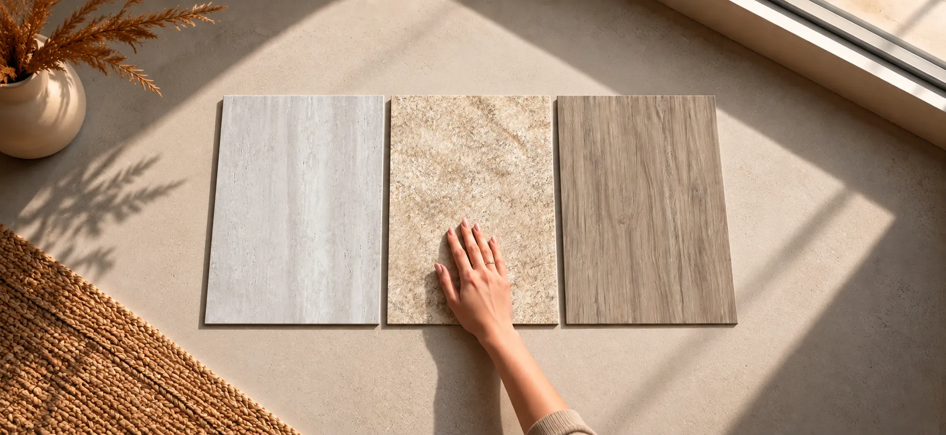 Three YITA material samples in stone and wood textures displayed in natural sunlight