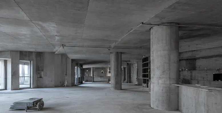 Unfinished hotel lobby with exposed concrete columns and walls before flexible stone installation.